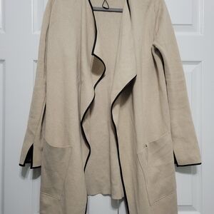 ZARA Knit Coatigan Beige Black Contrast Trim Open Front Long M Front Pockets